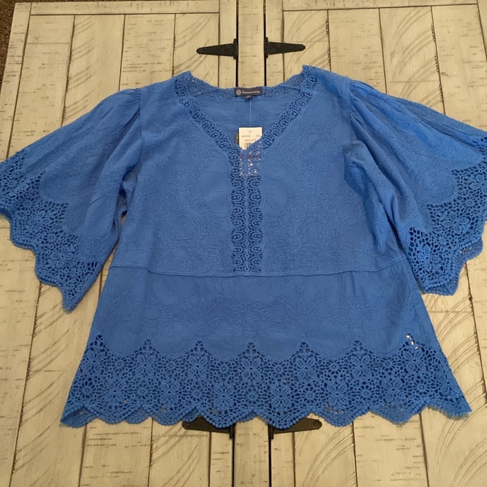Democracy Woven Cotten Crochet Trim Peplum Top Cerulean Blue S - Picture 7 of 16